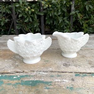 FENTON White Milk Glass Cream & Sugar Bowl Set Angel wings flowers